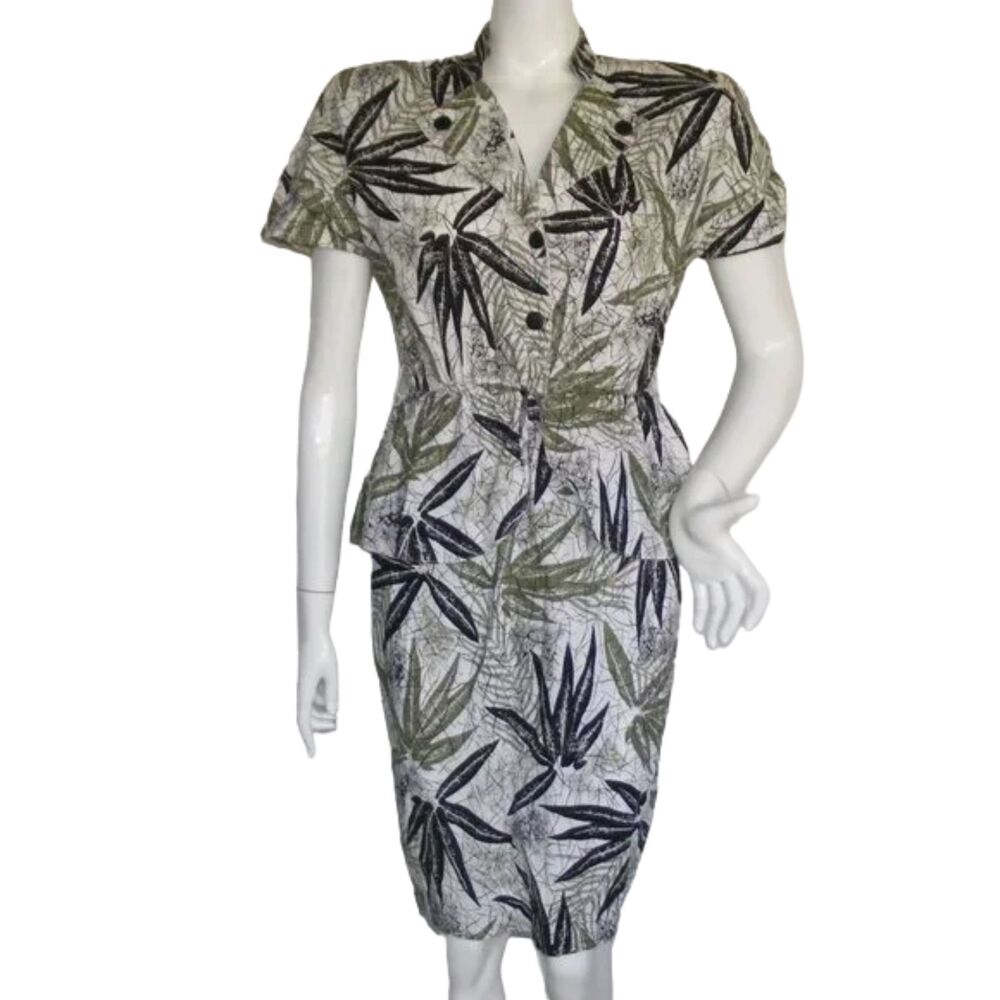 Vintage Dress, XS, Leaf Print, Peplum, Cotton, Off-white/Green, Buttoned top
